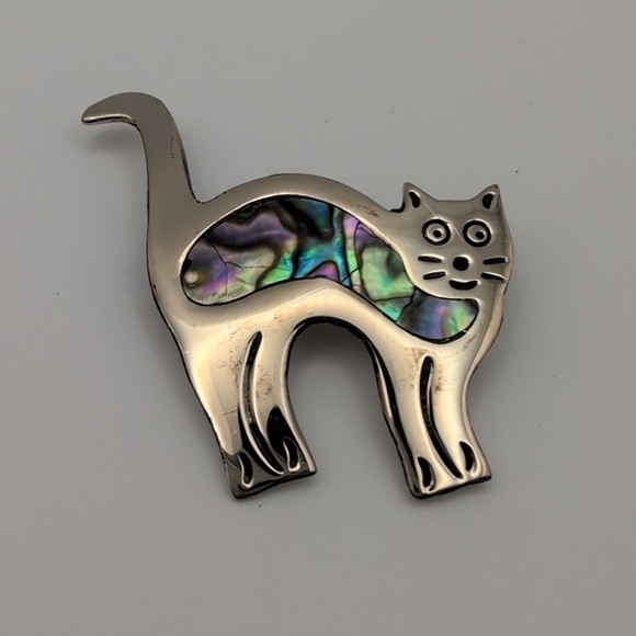 Silver Tone Cat Brooch with Iridescent Abalone Shell Accent - Cat Jewelry Pin - Picture 3 of 5